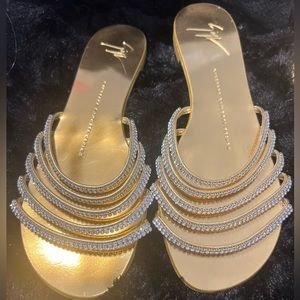 Giuseppe Zanotti Swarovski crystal gold leather slider sandals size 37